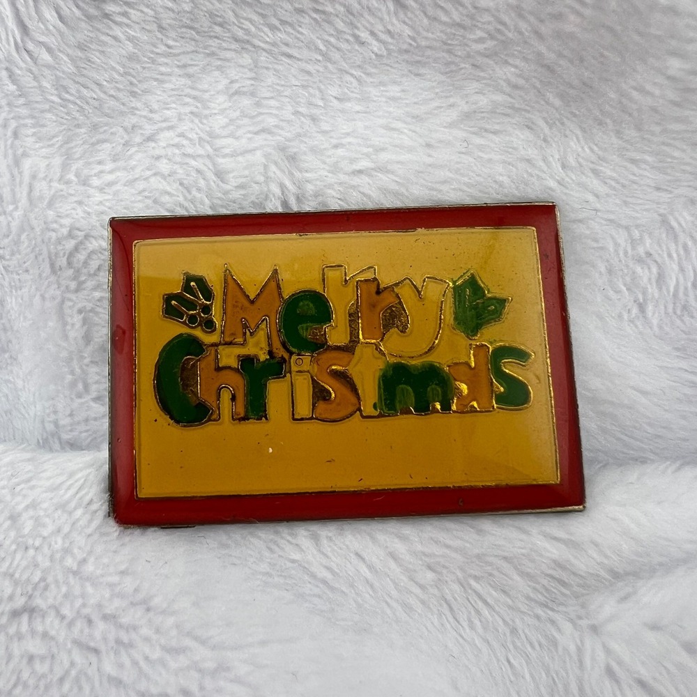 Vintage Merry Christmas Enamel Holiday Brooch Pin Rectangular Festive 1970's-80s